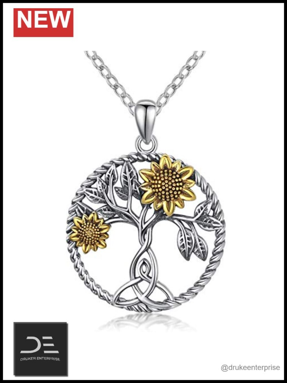 925 Sterling Silver Sunflower Tree of Life Pendant Necklace 18" Chain